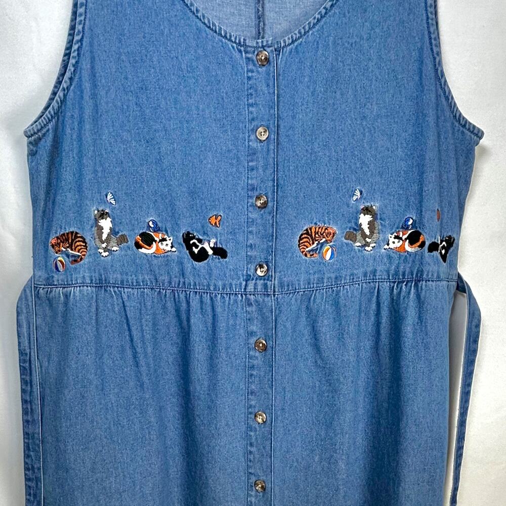 Vintage 90s Kittycore Cat Lady Twee Denim Dress Cottage Granny Kawaii Artsy MED - Picture 2 of 10
